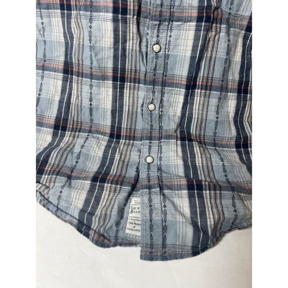 Lucky Brand Shirt Mens Large Blue Plaid Button Up Pearl Snaps Rancher Work. X - Picture 2 of 5